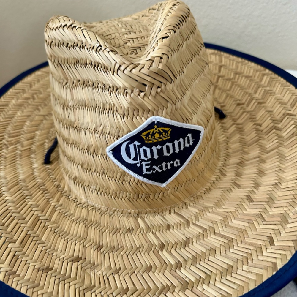 Corona Straw Hat Lifeguard Hat Blue Trim Island Design Chin Strap Corona Patch - Picture 2 of 7